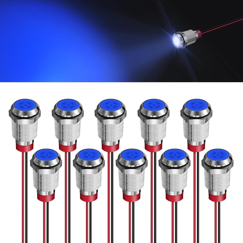 FICOLPO 10 Pcs LED Metal Waterproof Indicator Light, 12-24V 2/5'' Mounting Hole Pre-Wired Pilot Signal Light for Car, Trucks, Boats, Marine, Dash, Industrial Electricity (Blue, 10mm) - Image 1